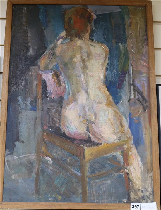 Russian School, I. Shapoval, (b. 1933) oil on canvas, study of a seated nude, 1974. 69 x 48cm